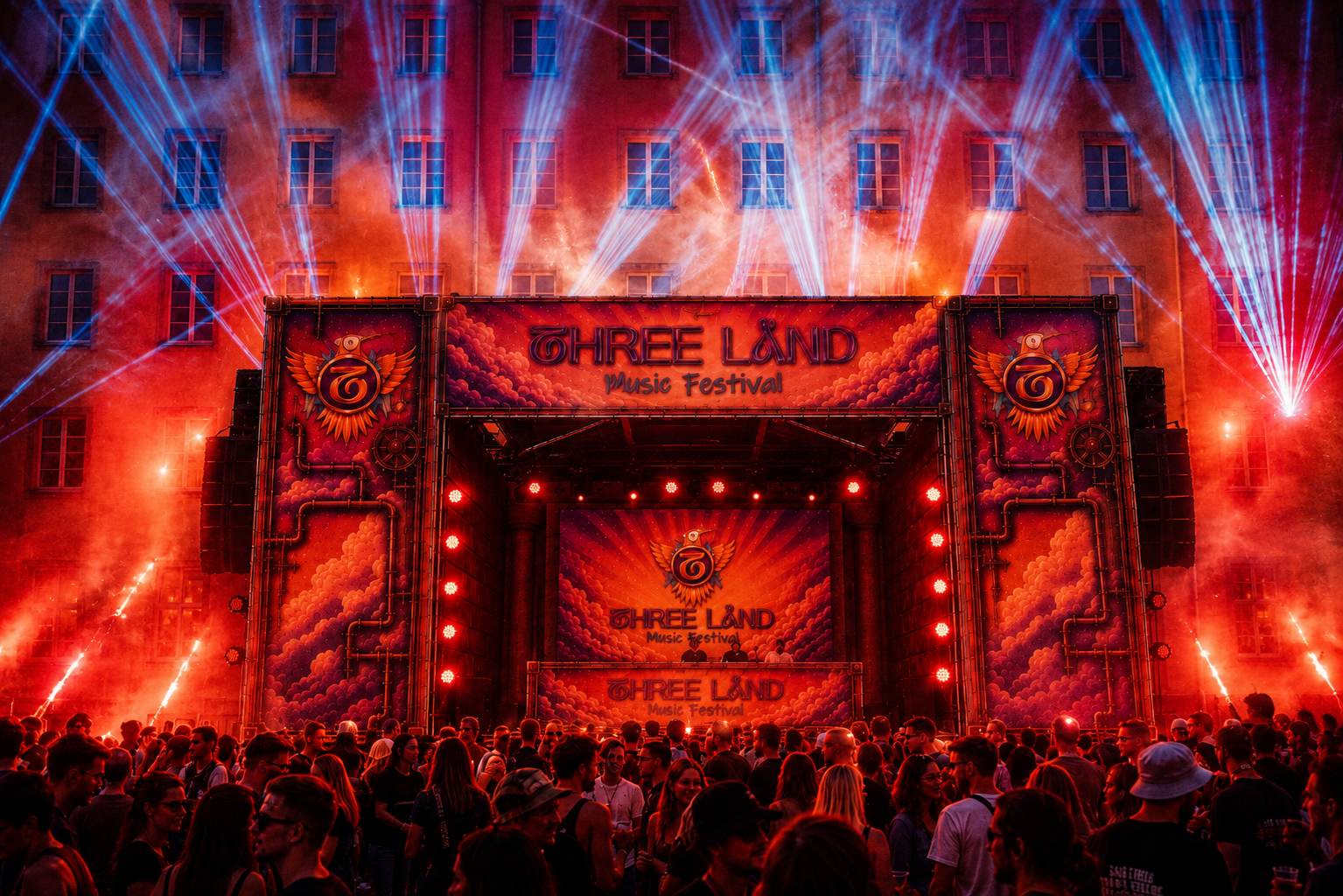Festivalbühne mit Lasershow vor historischer Fassade